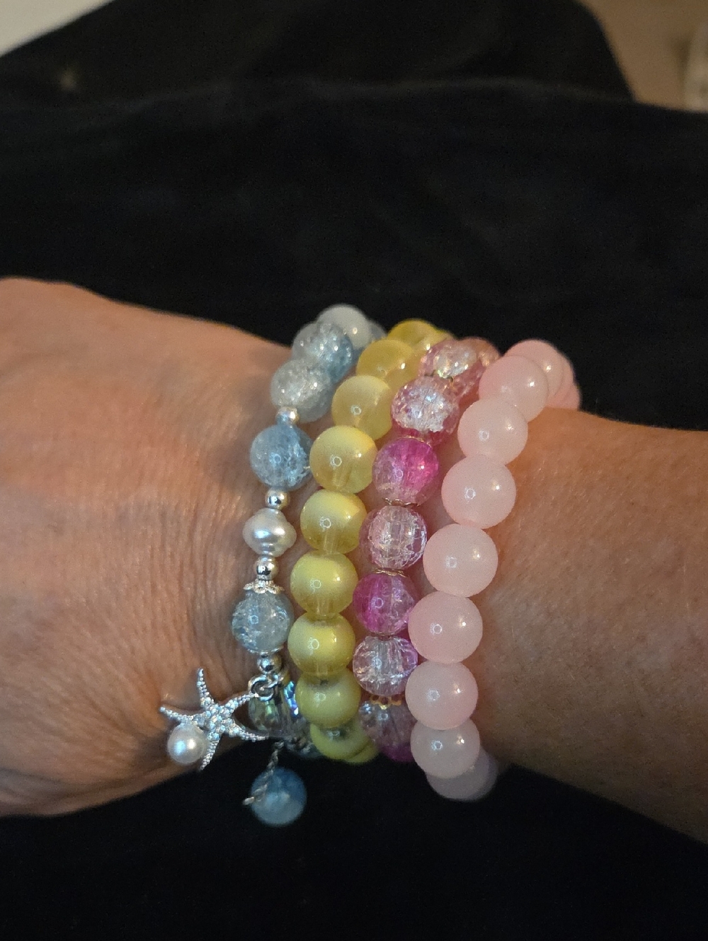 4- Glass Bead Bracelets - Light Pink, Crackle Pink,Yellow, And Blue With Charm